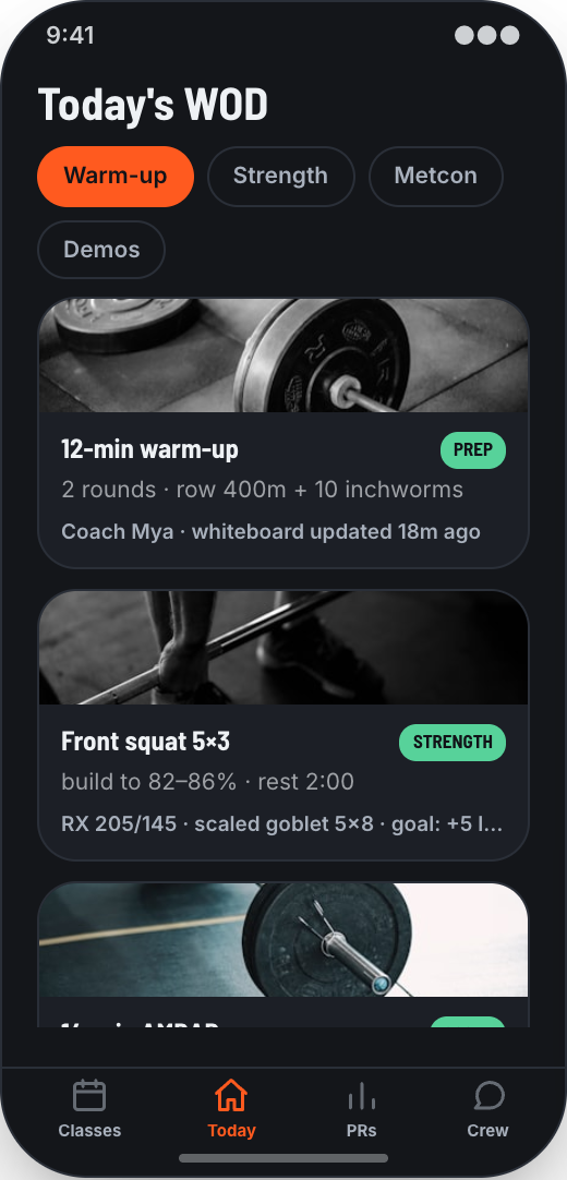 CrossFit Box prototype showing One-tap class reservation