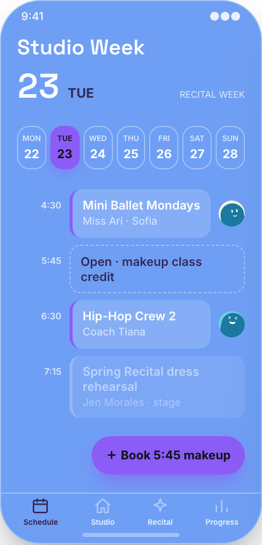 Dance Studio prototype showing Studio Week
