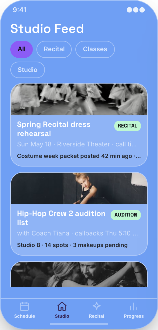 Dance Studio prototype showing Makeup class reservations