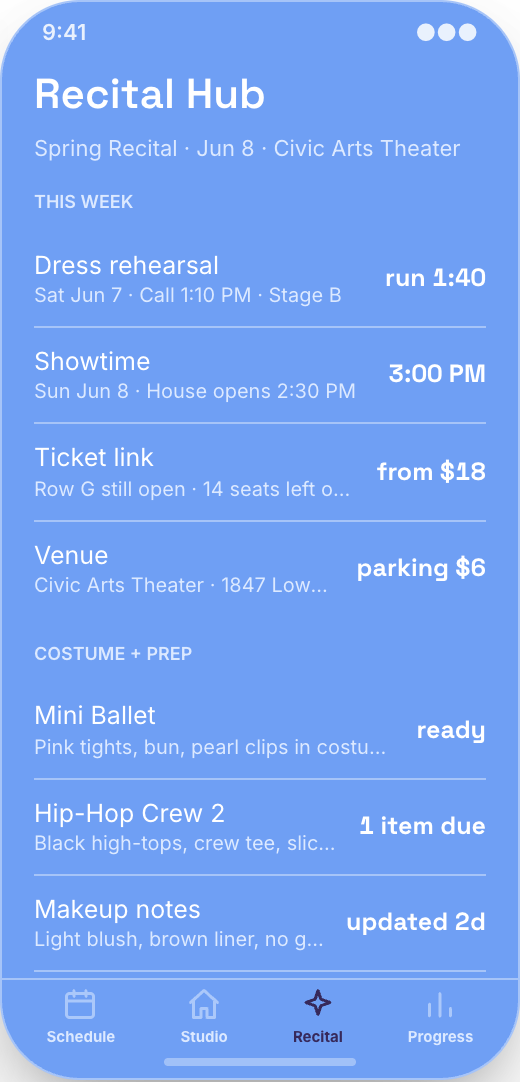 Dance Studio prototype showing Recital Hub