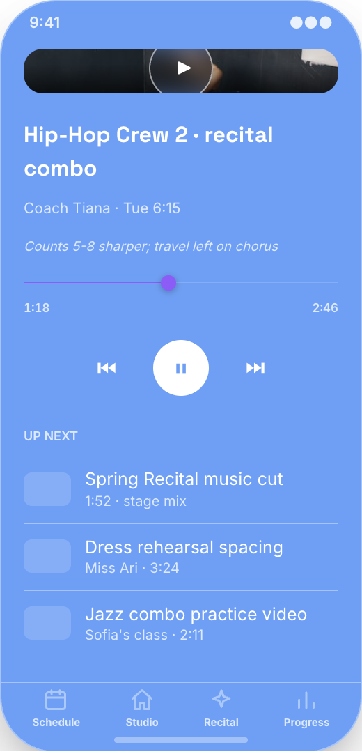 Dance Studio prototype screen showing Dancer Progress