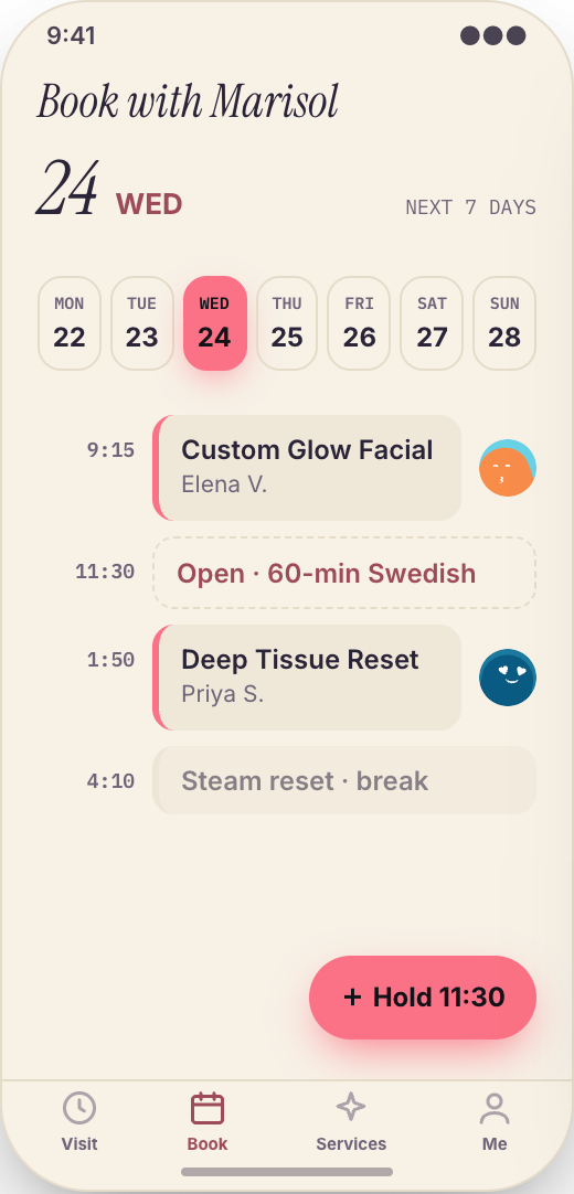 Day Spa prototype showing Spa Menu