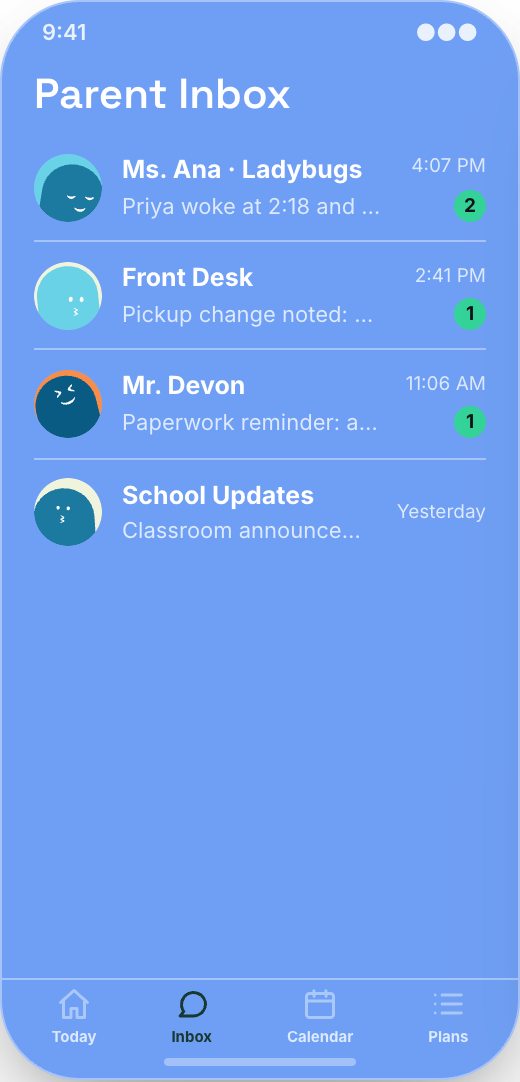Daycare & Childcare Center prototype showing Care Update