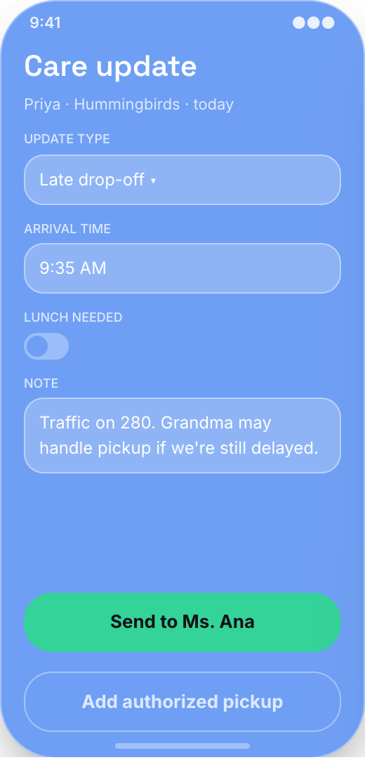 Daycare & Childcare Center prototype screen showing Pickup plan messages
