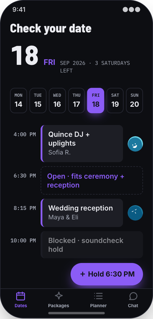 DJ Service prototype showing Date Availability
