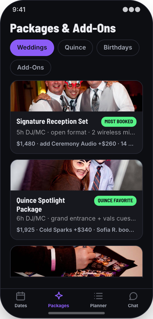 DJ Service prototype showing Packages & Add-Ons