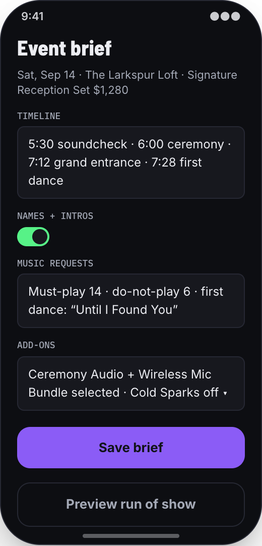 DJ Service prototype showing Event Planner