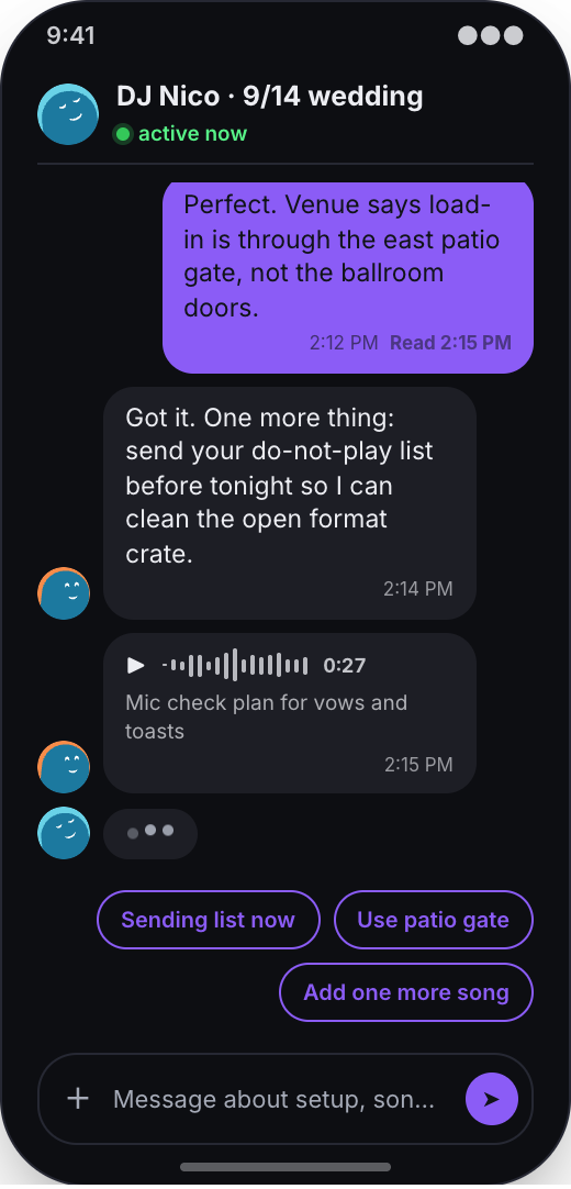 DJ Service prototype screen showing Must-play and do-not-play lists