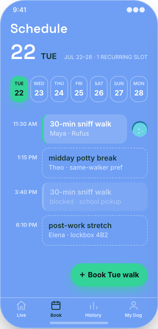 Dog Walking Service prototype showing Live Walk screen