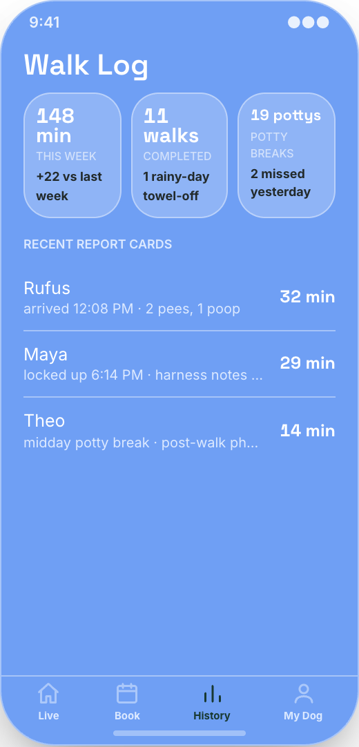 Dog Walking Service prototype showing Arrival and lock-up confirmation