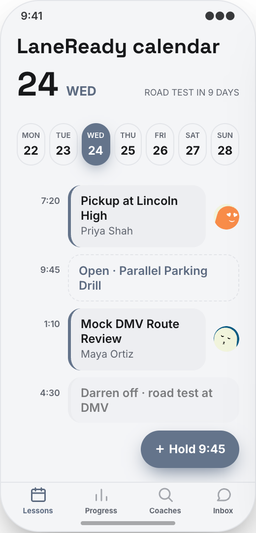 Driving School prototype showing Lesson Calendar