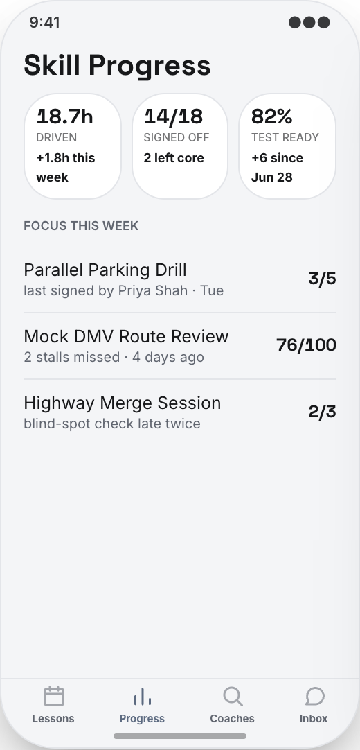 Driving School prototype showing Pickup details for each lesson