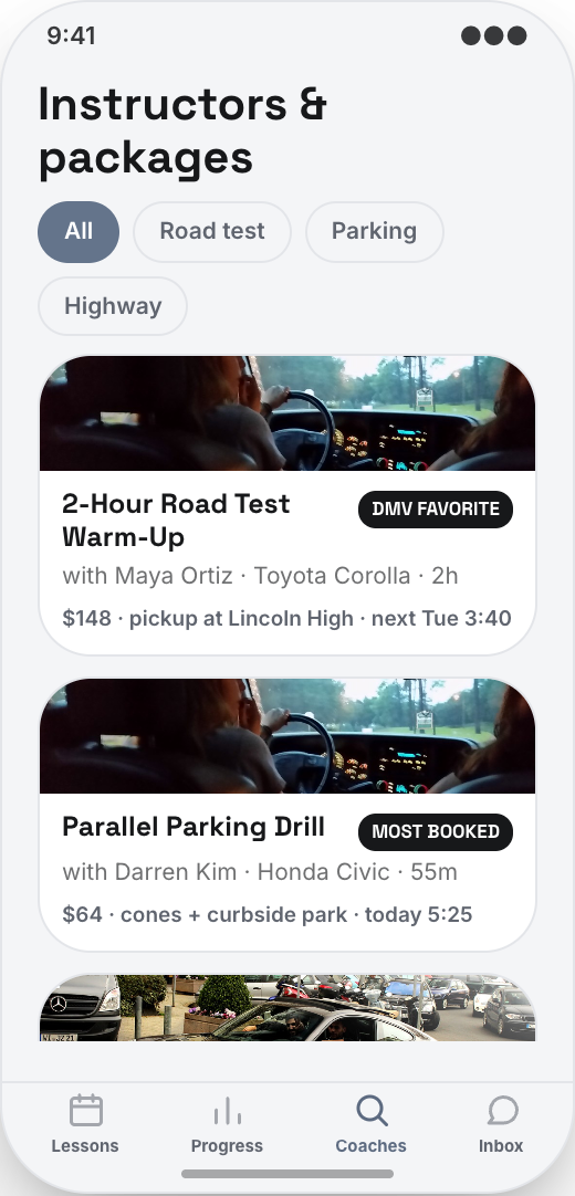 Driving School prototype showing Skill Progress