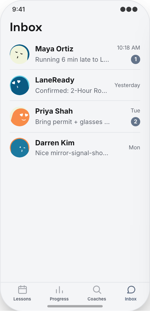 Driving School prototype screen showing Instructors & Packages