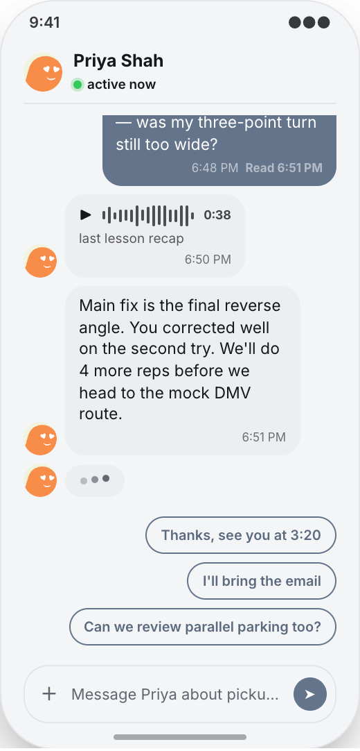 Driving School prototype screen showing Lesson Chat