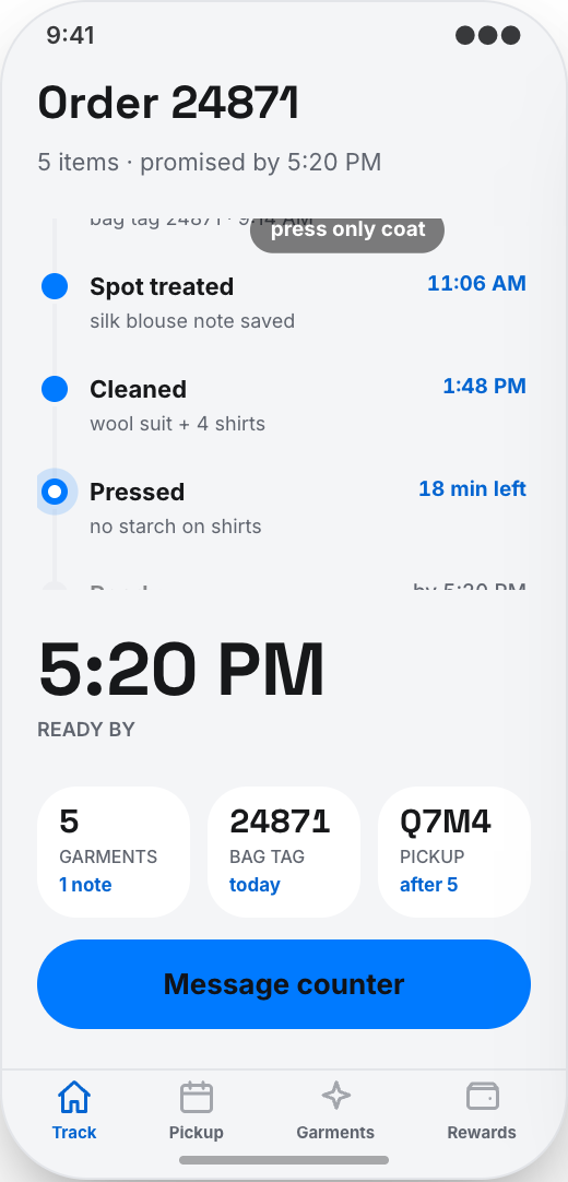 Dry Cleaner & Laundry Service prototype showing Live order tracking