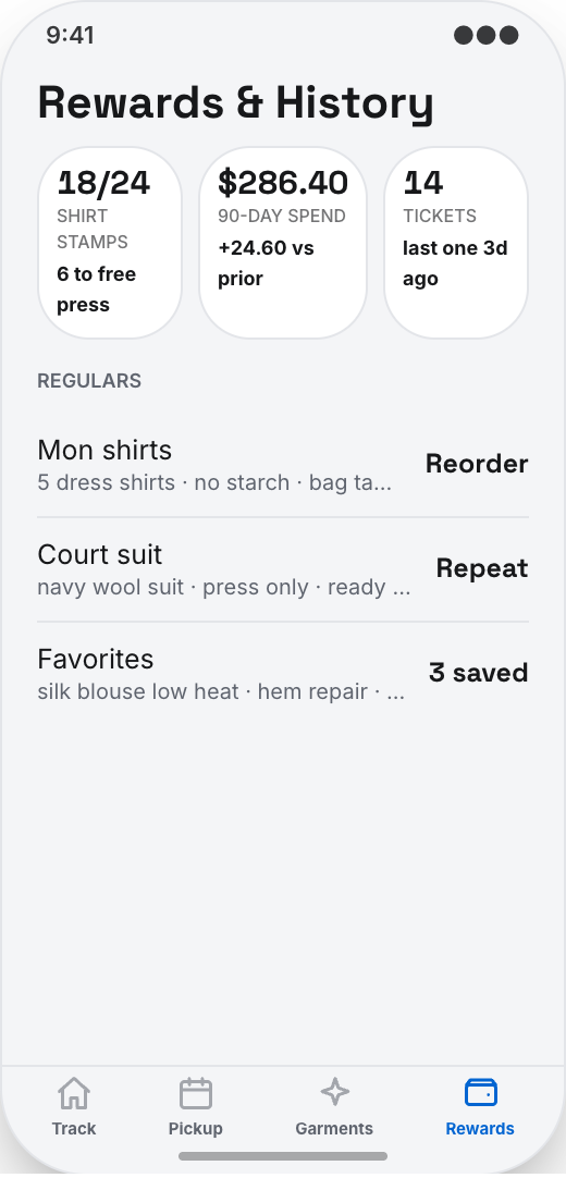 Dry Cleaner & Laundry Service prototype screen showing Stain and care notes