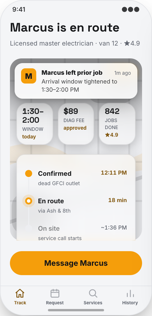 Electrician & Electrical Contractor prototype showing Live technician tracking