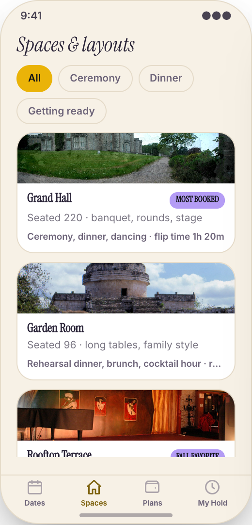 Event Venue prototype showing Setup style previews