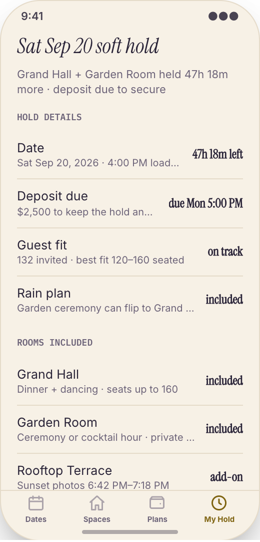 Event Venue prototype screen showing Tour time booking