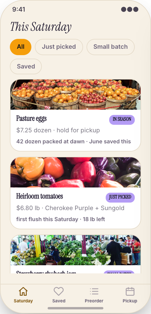 Farmers Market Vendor prototype showing This Saturday harvest list