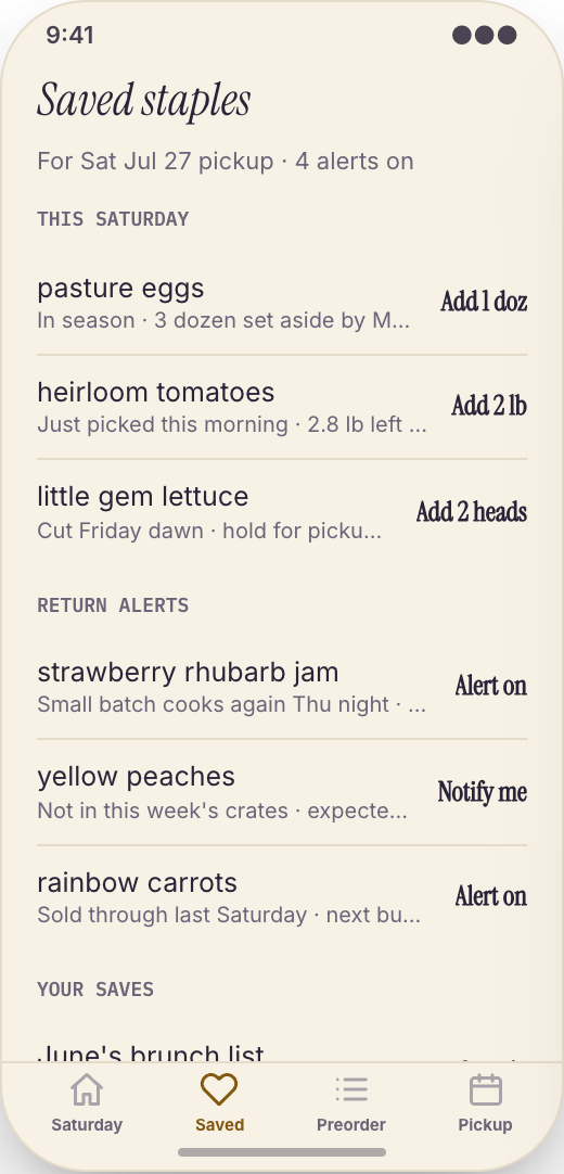 Farmers Market Vendor prototype showing Harvest notes and photos