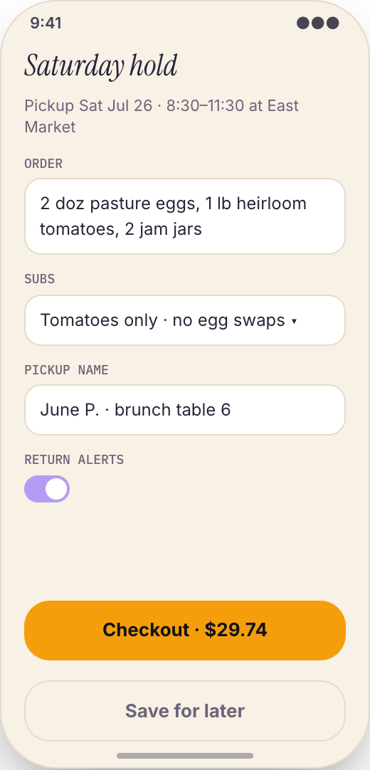 Farmers Market Vendor prototype showing Favorites and return alerts