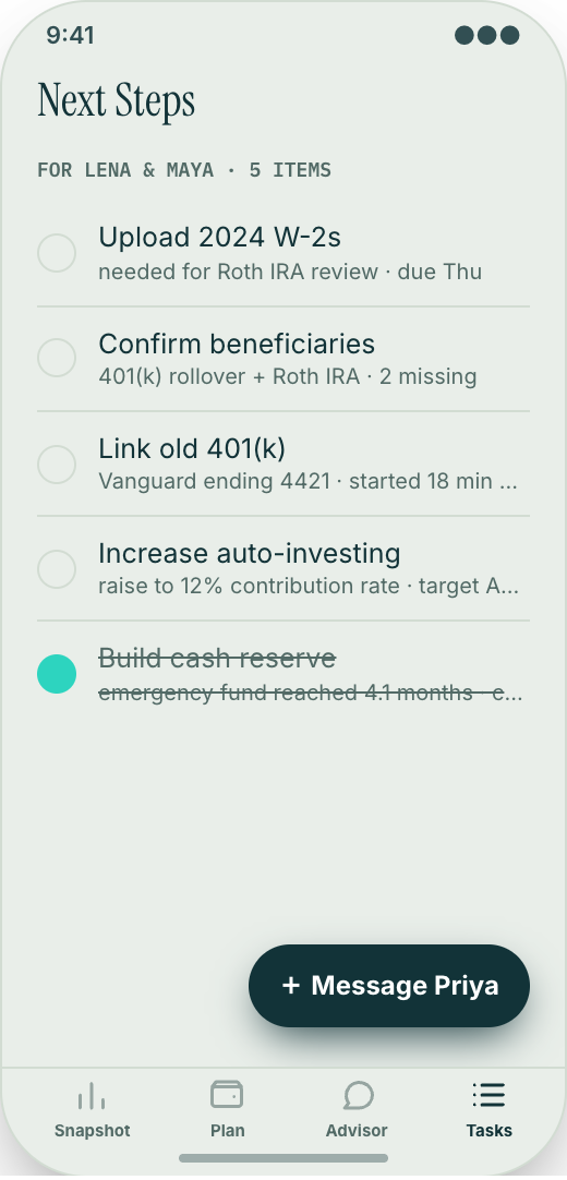 Financial Advisor prototype screen showing Next Steps task list
