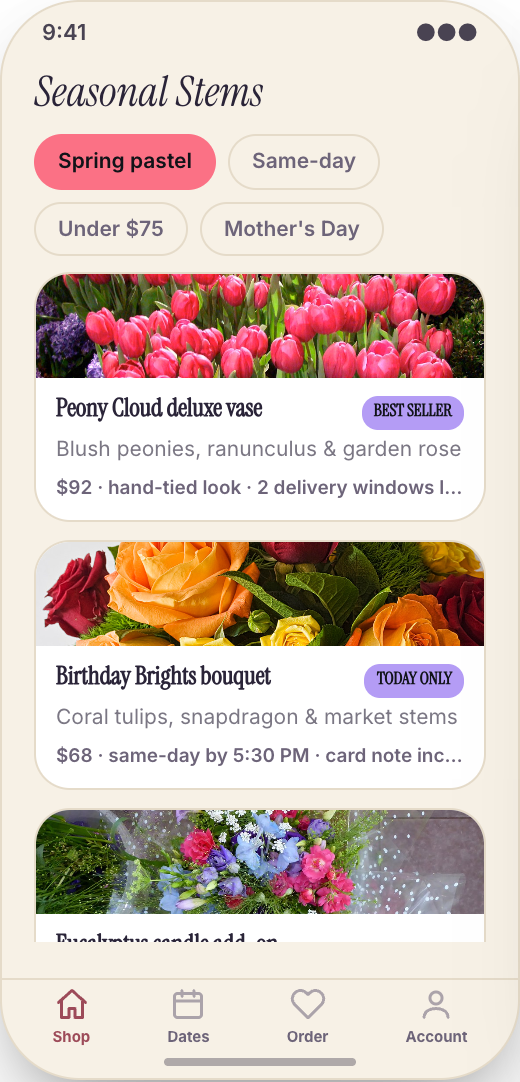 Florist & Flower Delivery prototype showing Seasonal Stems