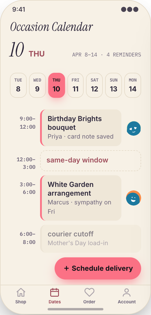 Florist & Flower Delivery prototype showing Browse by mood, price, and recipient