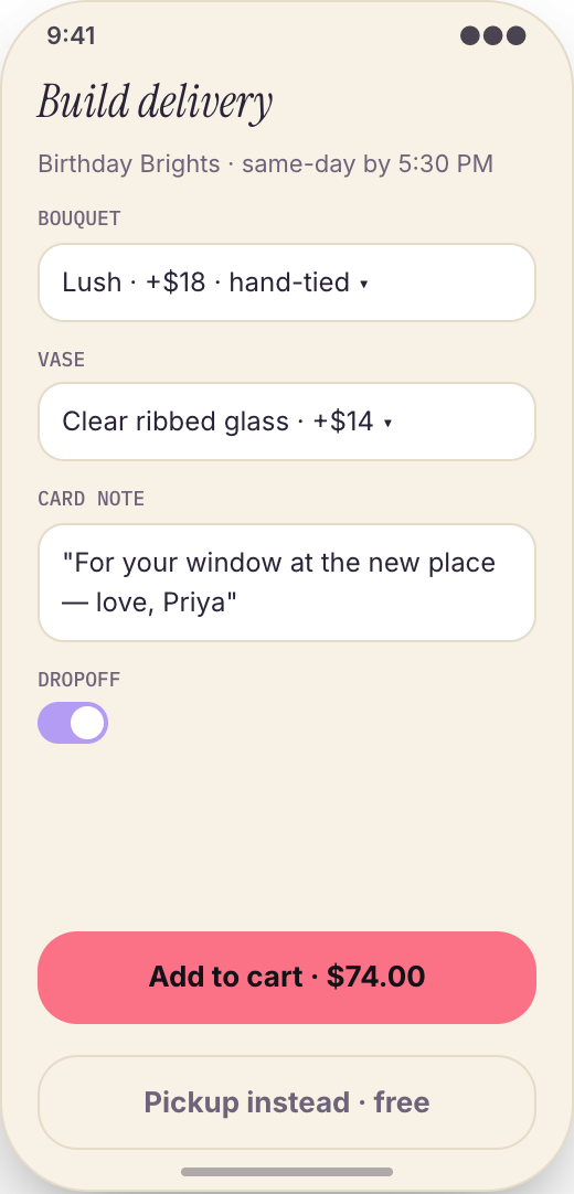 Florist & Flower Delivery prototype showing Occasion Calendar