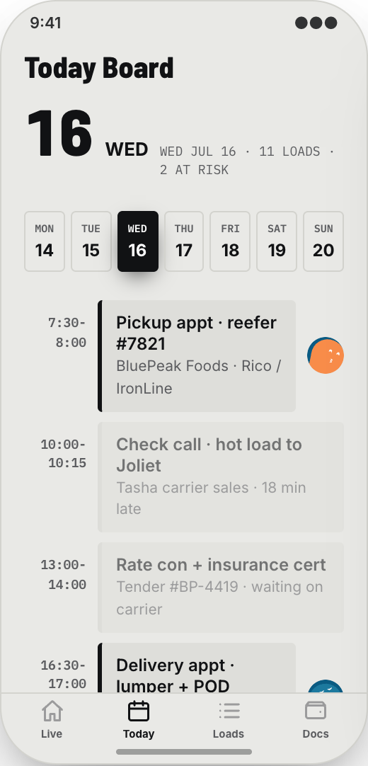 Freight Brokerage prototype showing Today Board