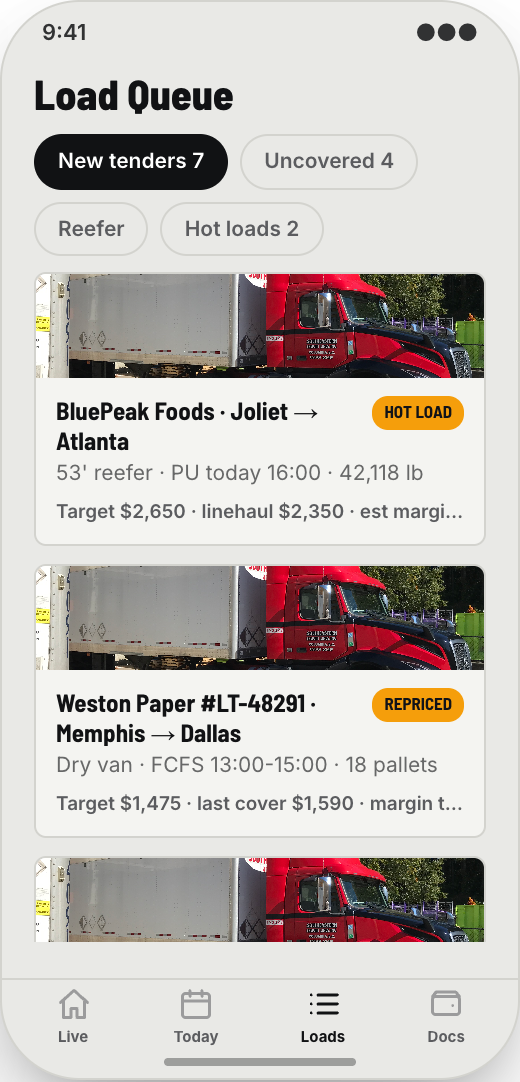 Freight Brokerage prototype showing Load Queue