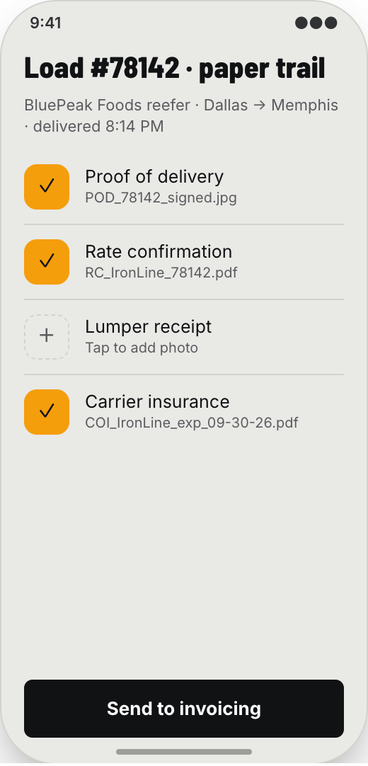 Freight Brokerage prototype screen showing Paper Trail