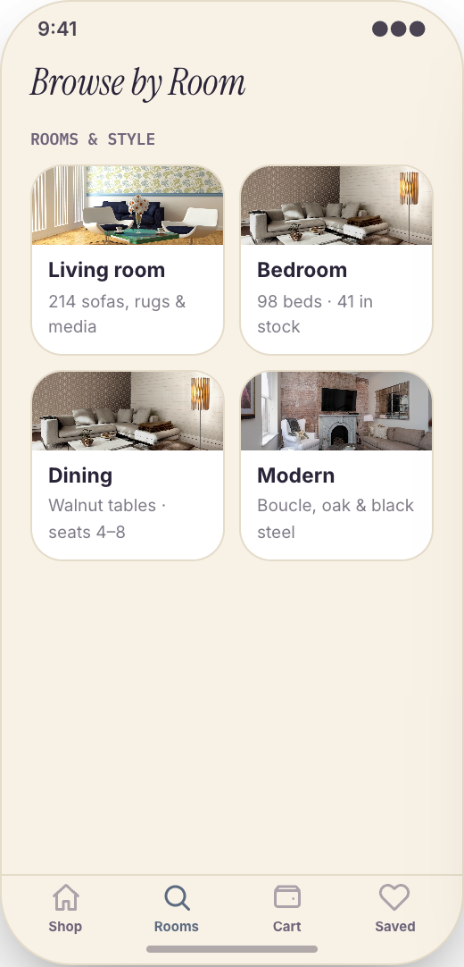 Furniture Store prototype showing Browse by room