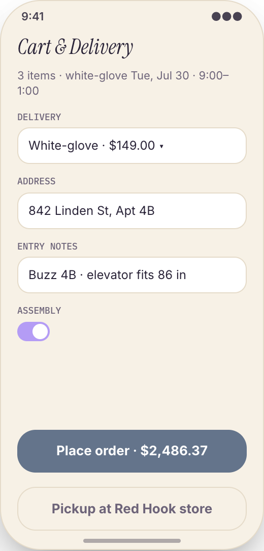 Furniture Store prototype showing Browse by style