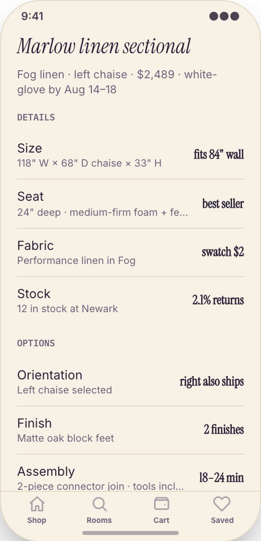 Furniture Store prototype screen showing Save favorites