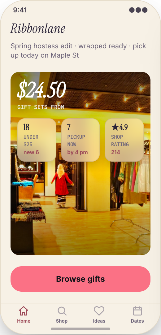 Gift Shop prototype showing Curated gift home screen