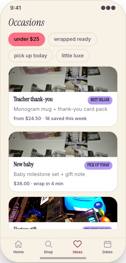 Gift Shop prototype showing Occasion gift guides