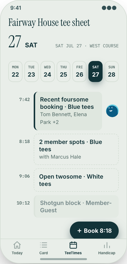 Golf Club & Country Club prototype showing Upcoming booking card