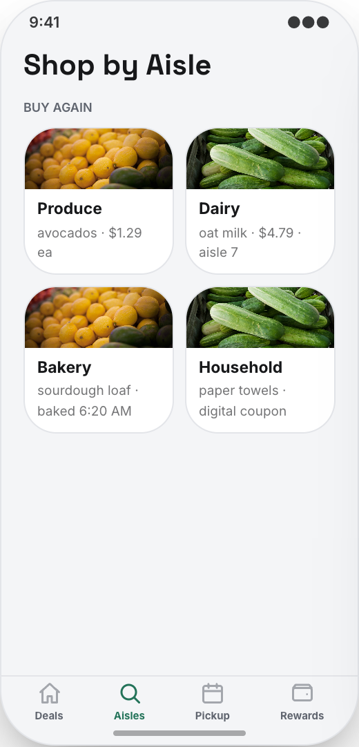 Grocery Store prototype showing Shop by Aisle