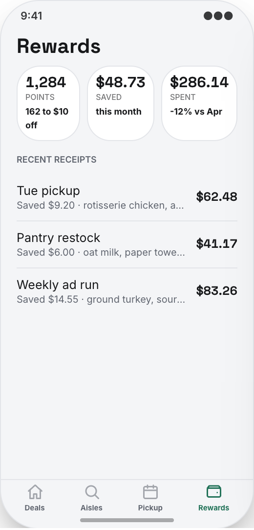 Grocery Store prototype screen showing Pickup Scheduler