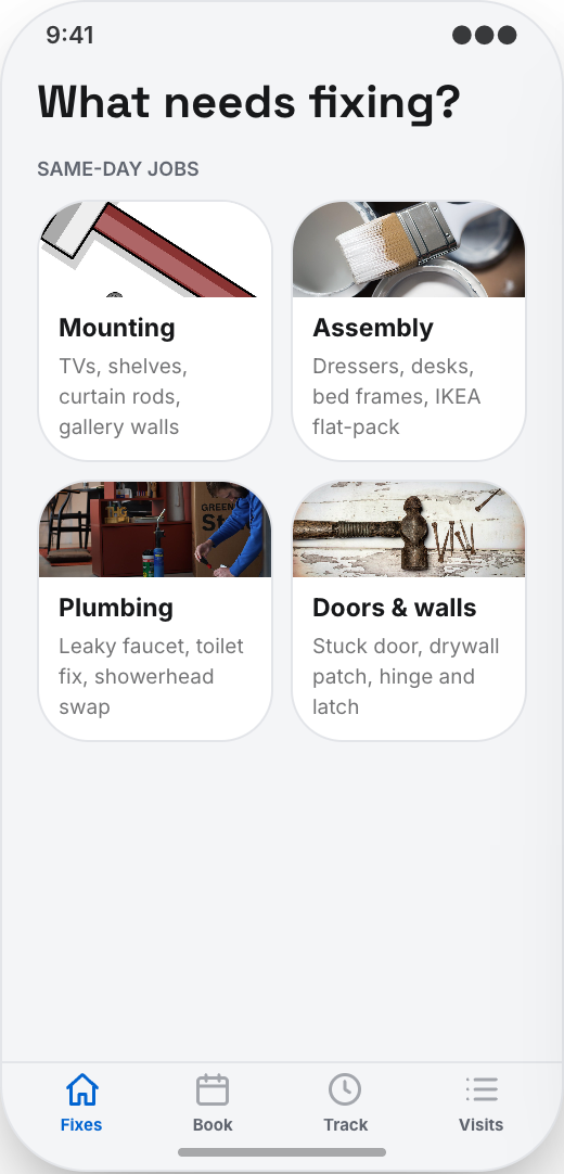Handyman & Home Repair Service prototype showing Fix categories