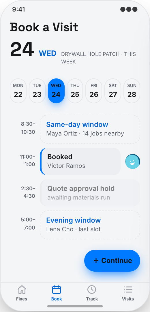 Handyman & Home Repair Service prototype showing Book a visit