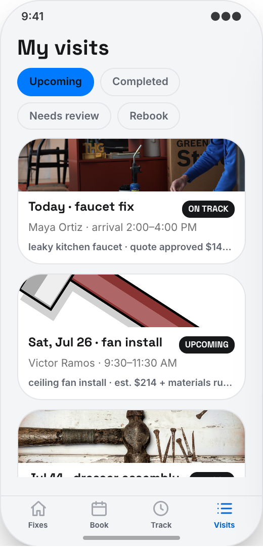 Handyman & Home Repair Service prototype screen showing Live arrival