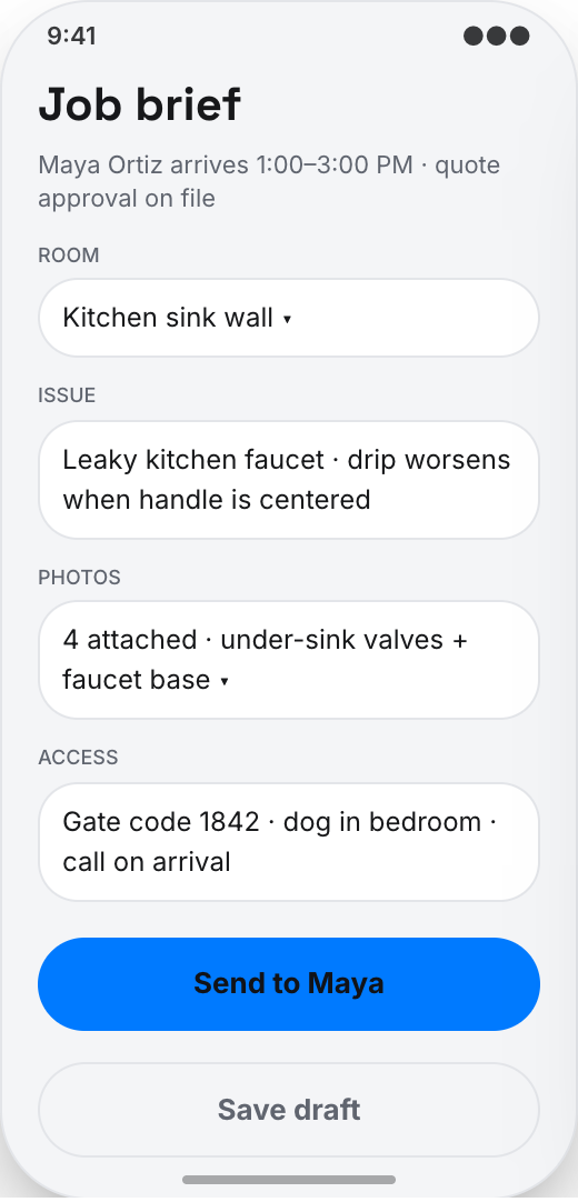 Handyman & Home Repair Service prototype screen showing Job message
