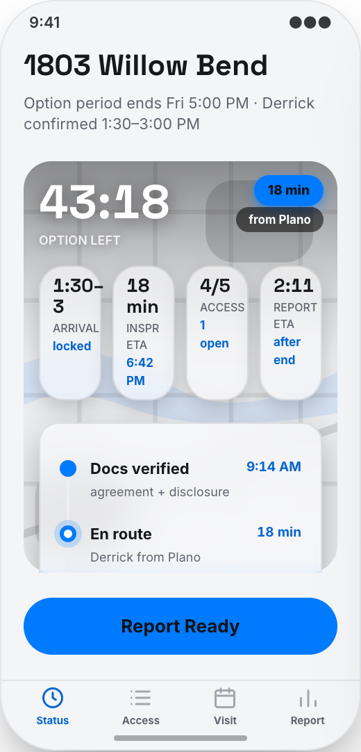 Home Inspection Company prototype showing Option-period countdown