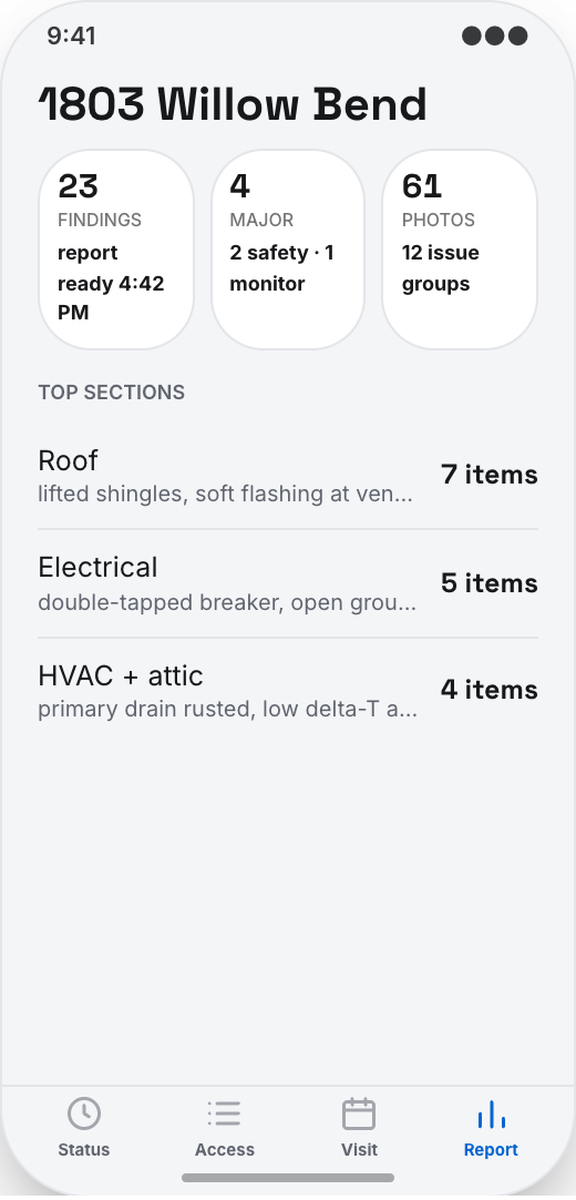 Home Inspection Company prototype screen showing Confirmed visit window