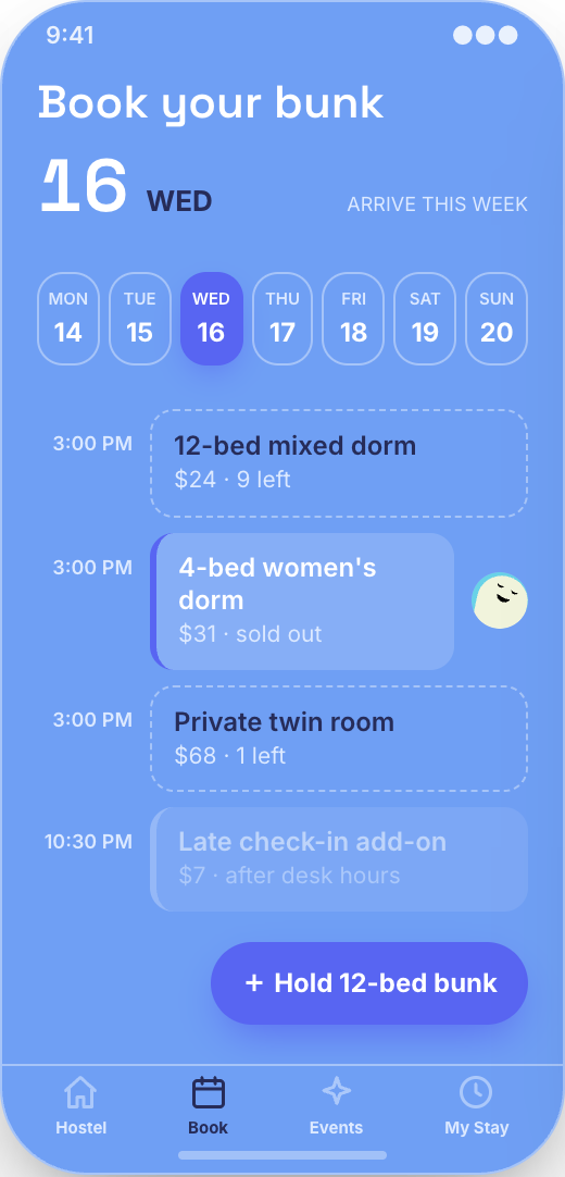 Hostel prototype showing Dorm and private room availability