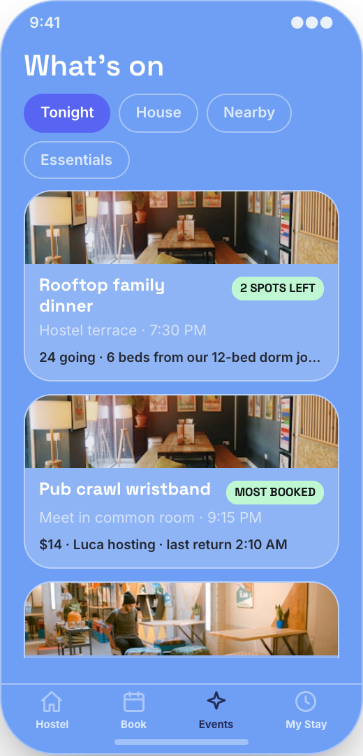 Hostel prototype showing Room type details